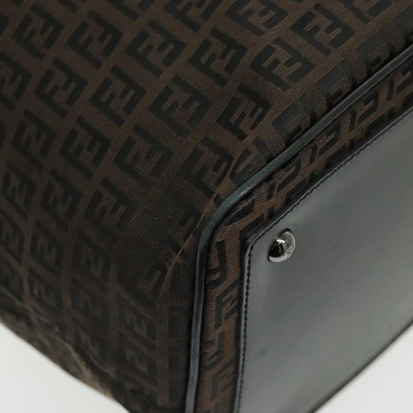 FENDI Zucchino Canvas Boston Bag Dark Brown Black Silver Auth bs19297