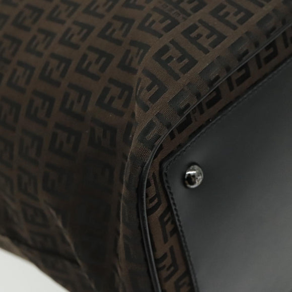 FENDI Zucchino Canvas Boston Bag Dark Brown Black Silver Auth bs19297