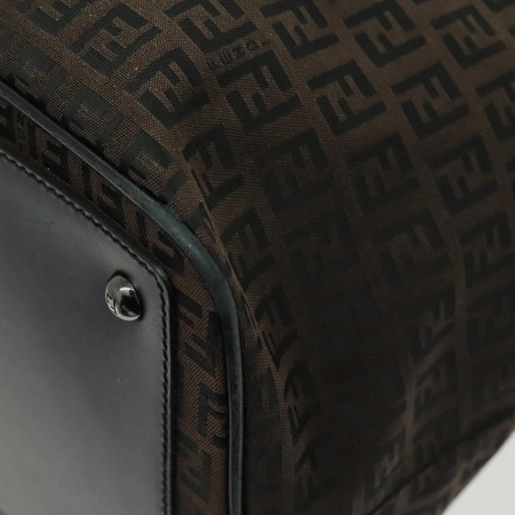 FENDI Zucchino Canvas Boston Bag Dark Brown Black Silver Auth bs19297