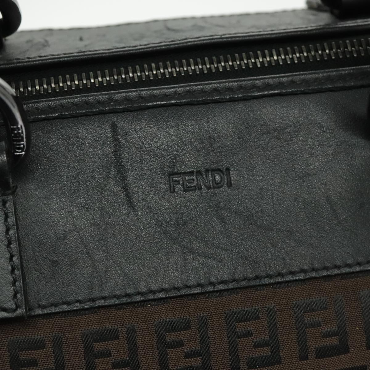 FENDI Zucchino Canvas Boston Bag Dark Brown Black Silver Auth bs19297