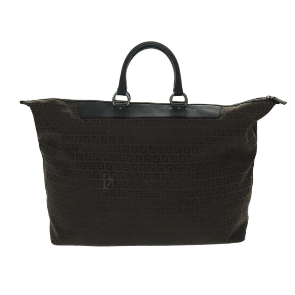 FENDI Zucchino Canvas Boston Bag Dark Brown Black Silver Auth bs19297