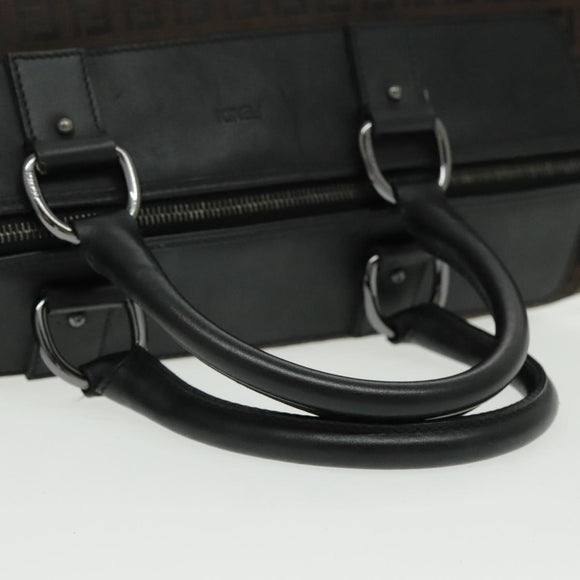 FENDI Zucchino Canvas Boston Bag Dark Brown Black Silver Auth bs19297