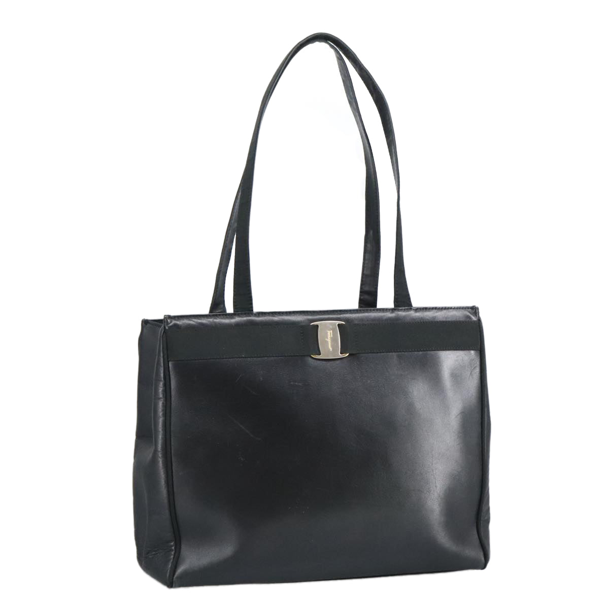 Salvatore Ferragamo Vala Tote Bag Leather Black Gold Auth bs19300