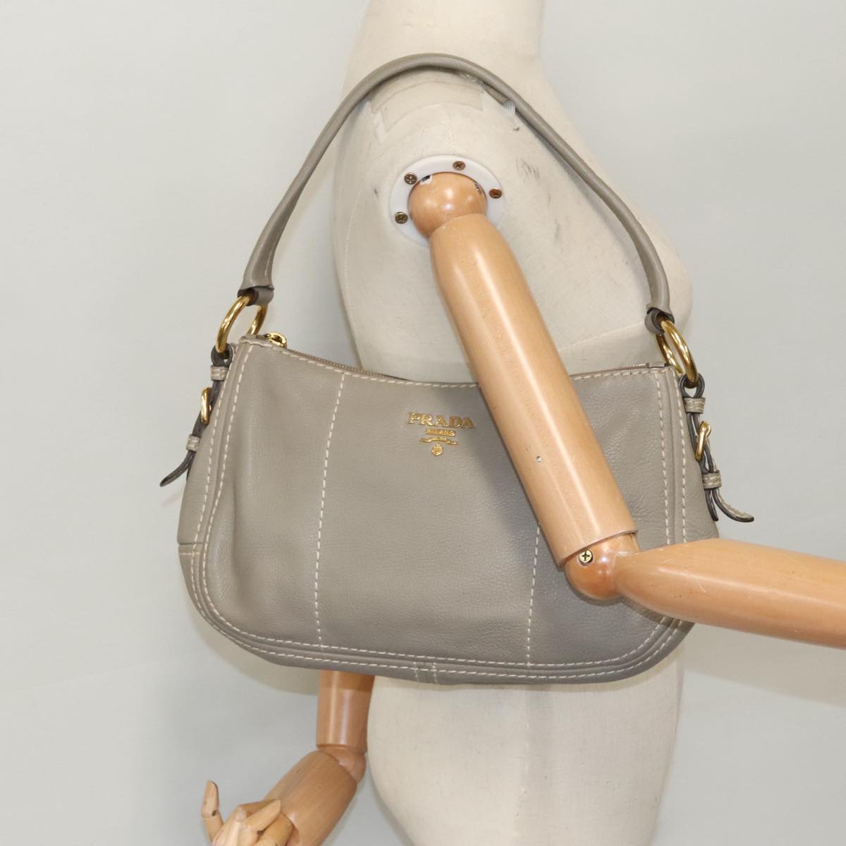 PRADA Shoulder Bag Leather Gray Gold Auth bs19311