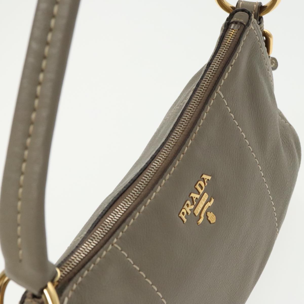 PRADA Shoulder Bag Leather Gray Gold Auth bs19311