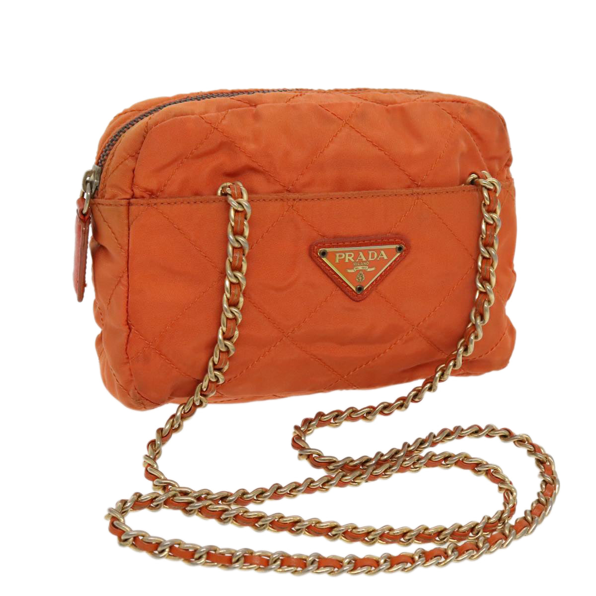 PRADA Chain Shoulder Bag Nylon Orange Gold Auth bs19312