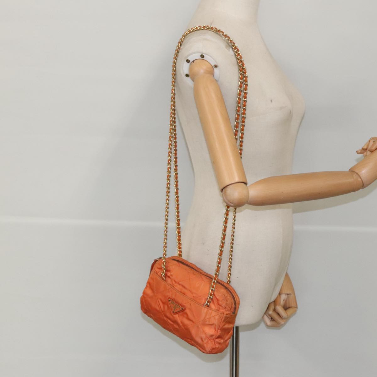 PRADA Chain Shoulder Bag Nylon Orange Gold Auth bs19312