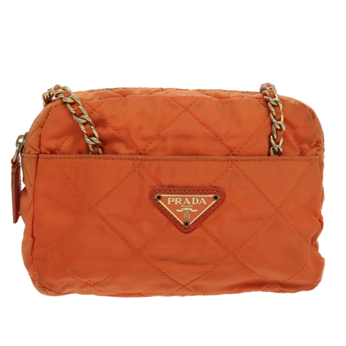 PRADA Chain Shoulder Bag Nylon Orange Gold Auth bs19312