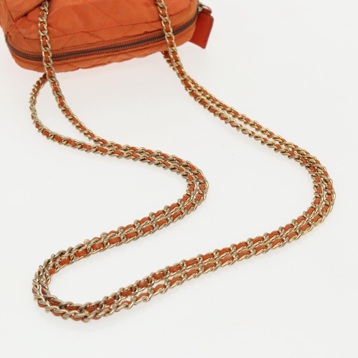 PRADA Chain Shoulder Bag Nylon Orange Gold Auth bs19312