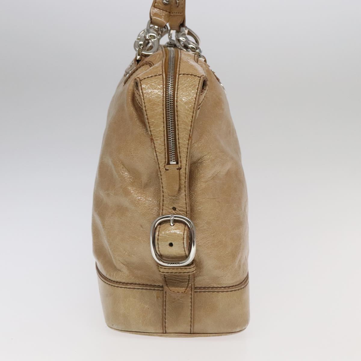 CELINE Hand Bag Leather Beige Silver Auth bs19313