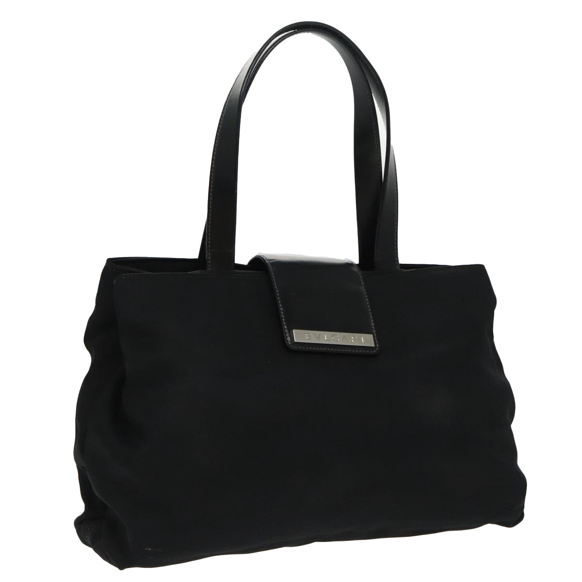 BVLGARI Tote Bag Nylon Leather Black Silver Auth bs19314