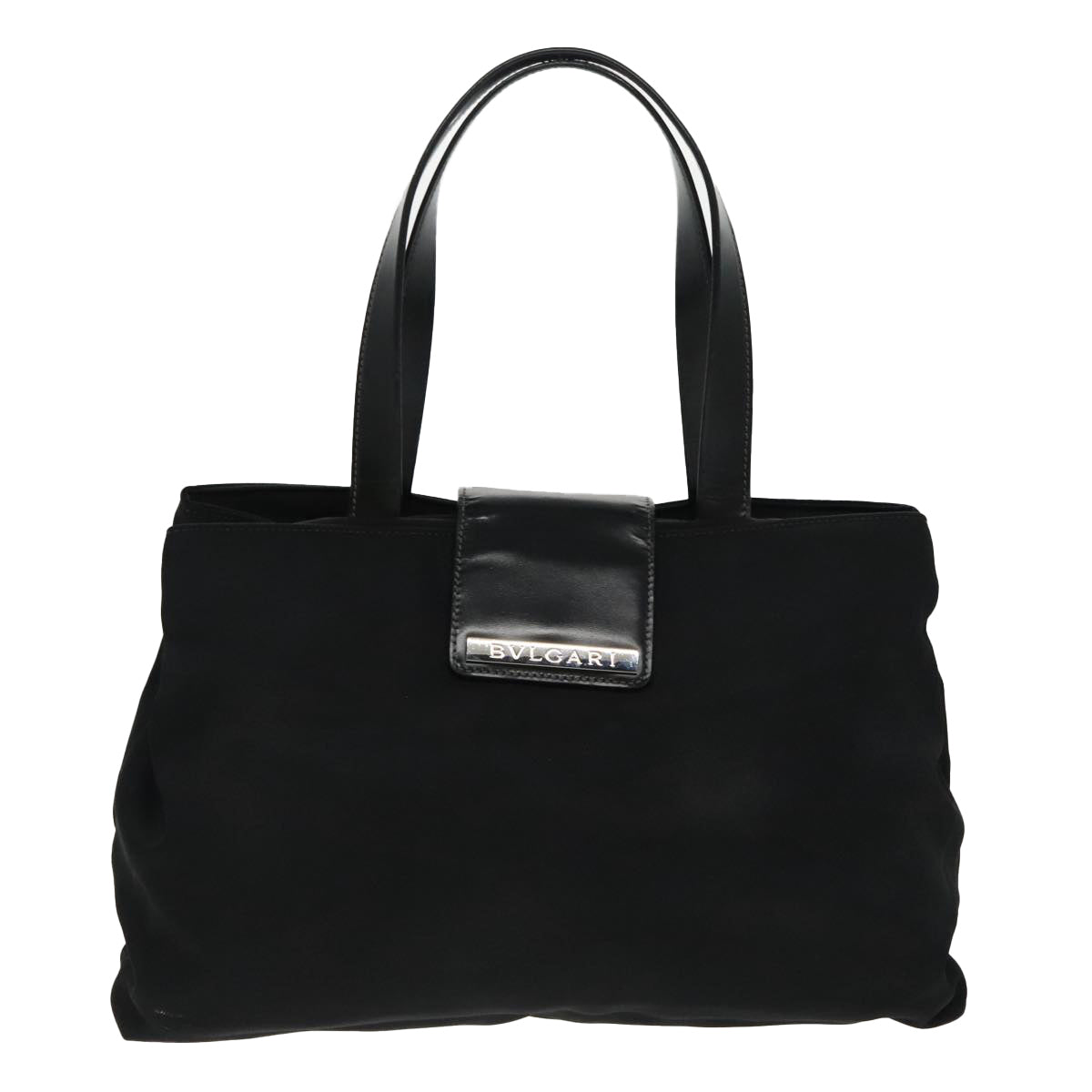 BVLGARI Tote Bag Nylon Leather Black Silver Auth bs19314