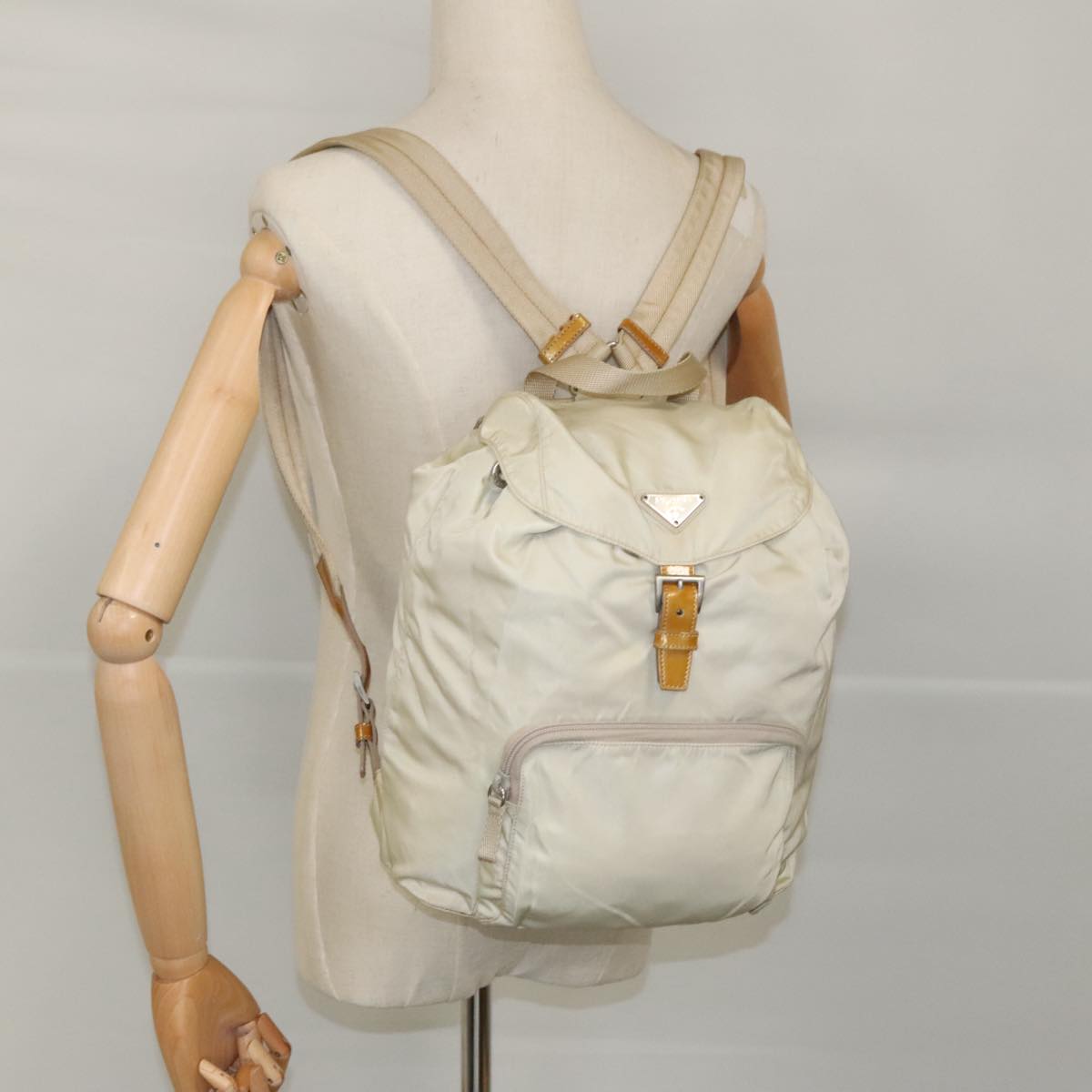 PRADA Backpack Nylon Cream Silver Auth bs19316