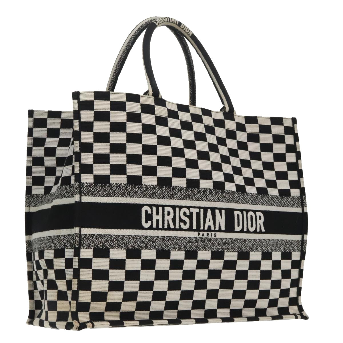 Christian Dior Check Book Tote Bag Canvas White Black Auth bs19322