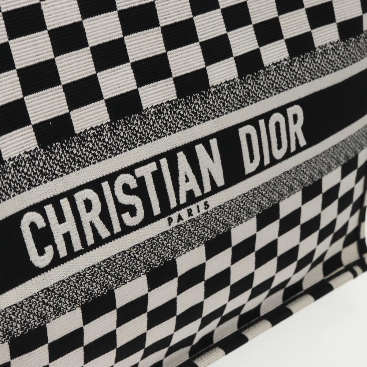 Christian Dior Check Book Tote Bag Canvas White Black Auth bs19322