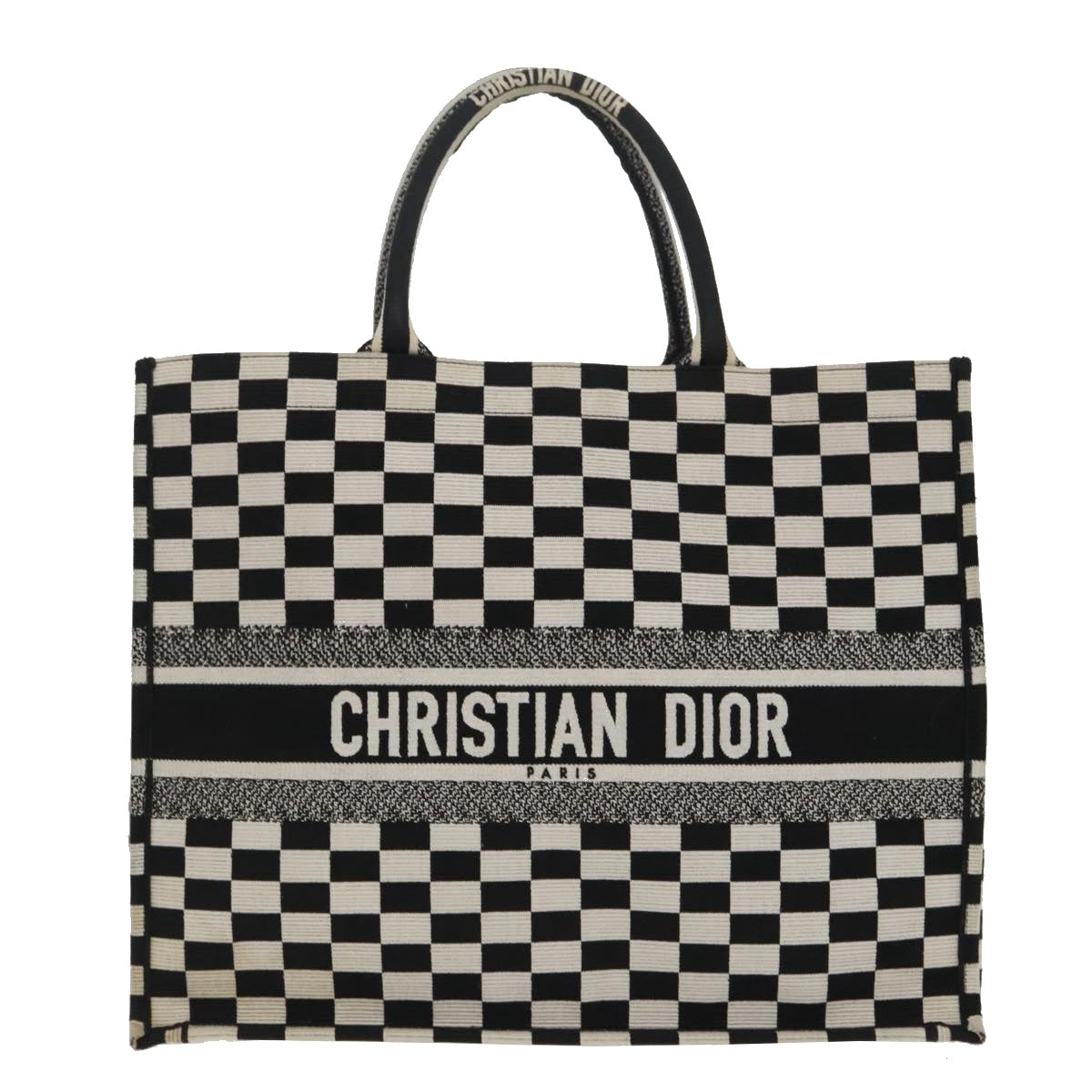 Christian Dior Check Book Tote Bag Canvas White Black Auth bs19322