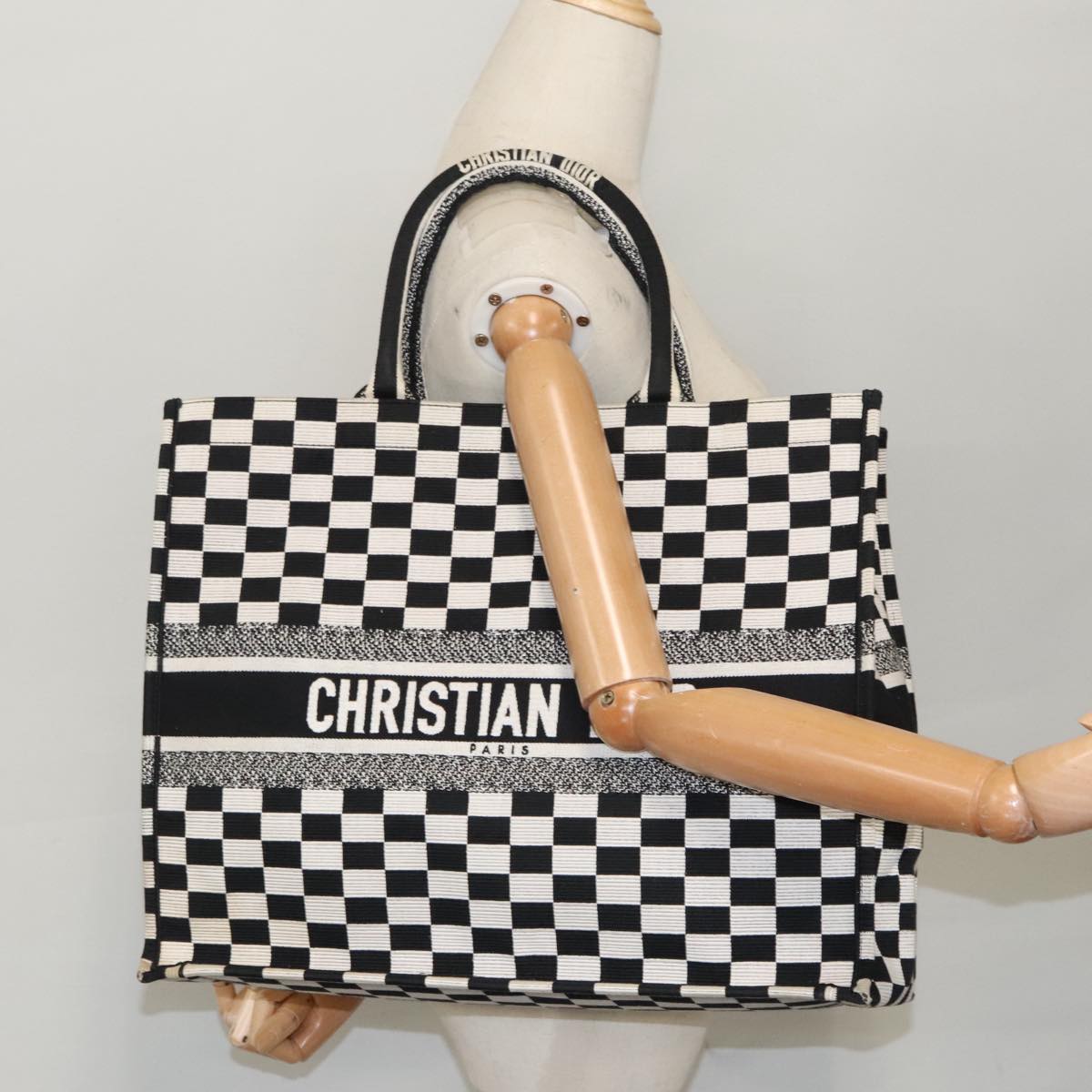 Christian Dior Check Book Tote Bag Canvas White Black Auth bs19322