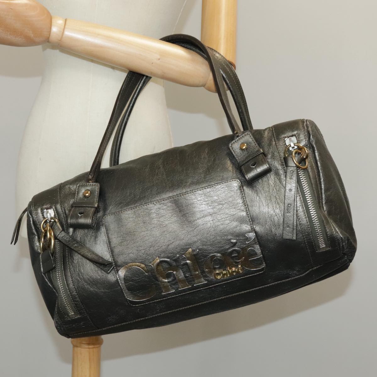 Chloe Eclipse Shoulder Bag Leather Gold Silver Gunmetal Auth bs19325