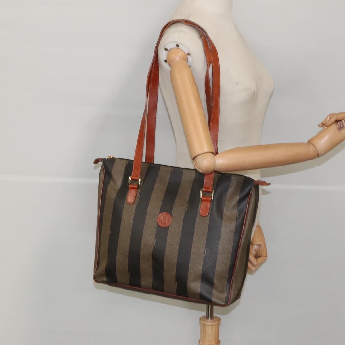 FENDI Pecan Canvas Tote Bag Brown Black Gold Auth bs19326