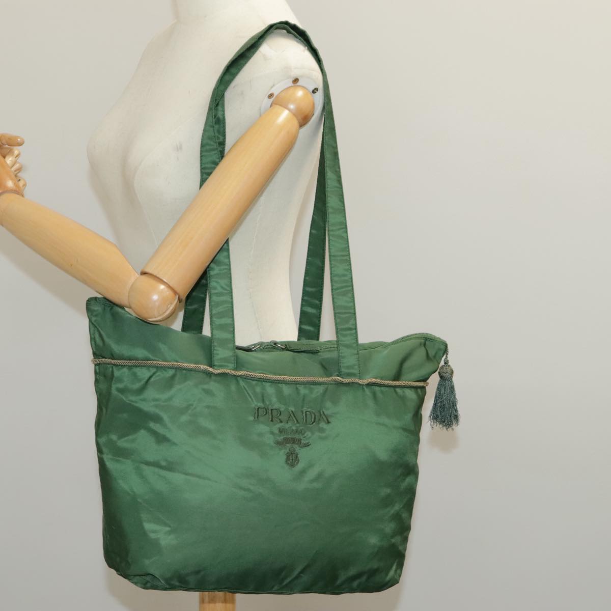 PRADA Tote Bag Nylon Green Silver Auth bs19345