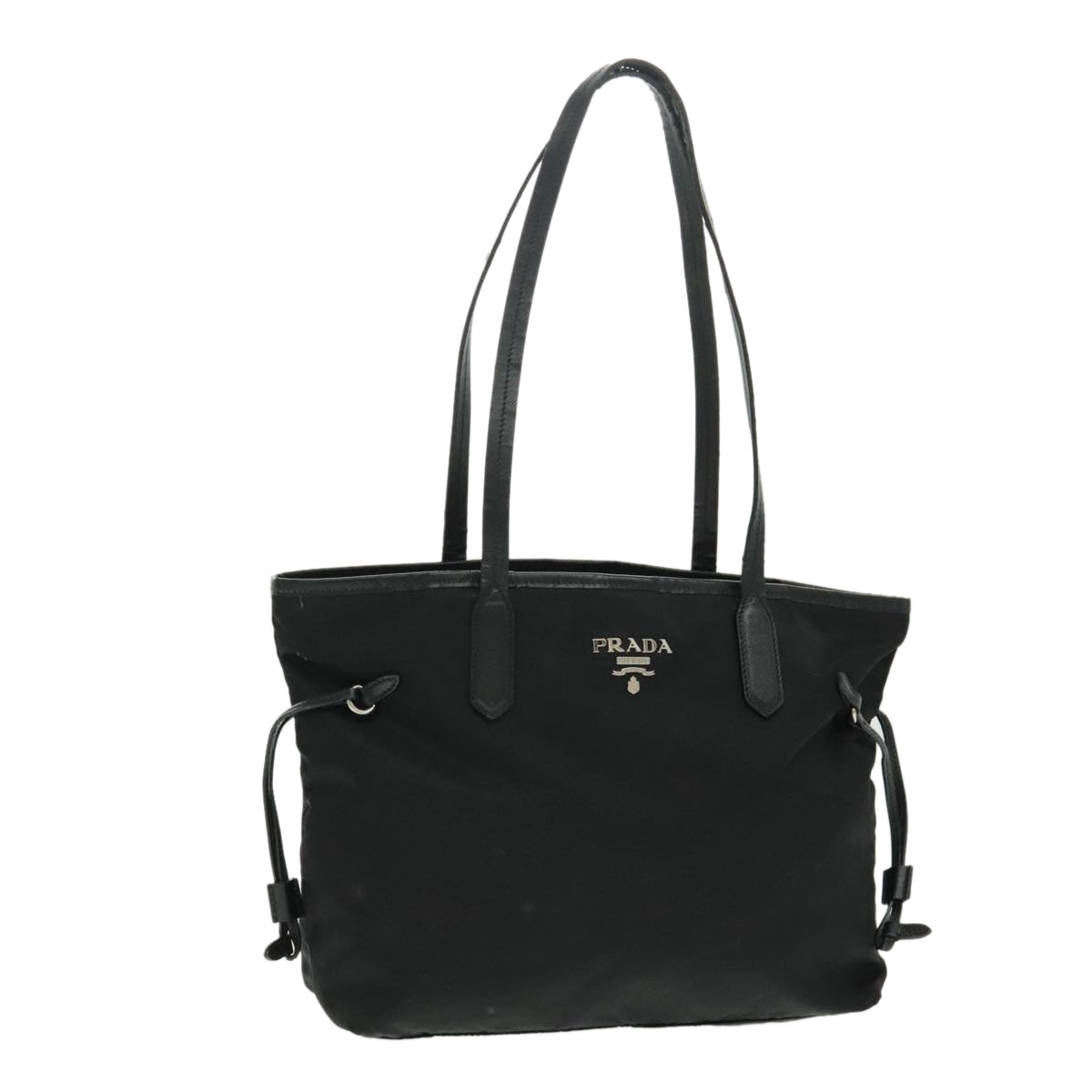 PRADA Tote Bag Nylon Leather Black Silver Auth bs19346