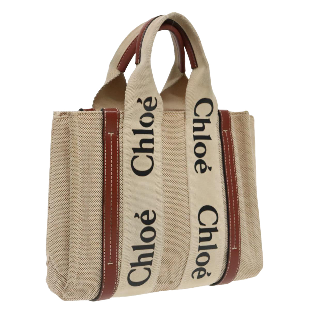 Chloe Woody Small Hand Bag Canvas Beige Auth bs19362