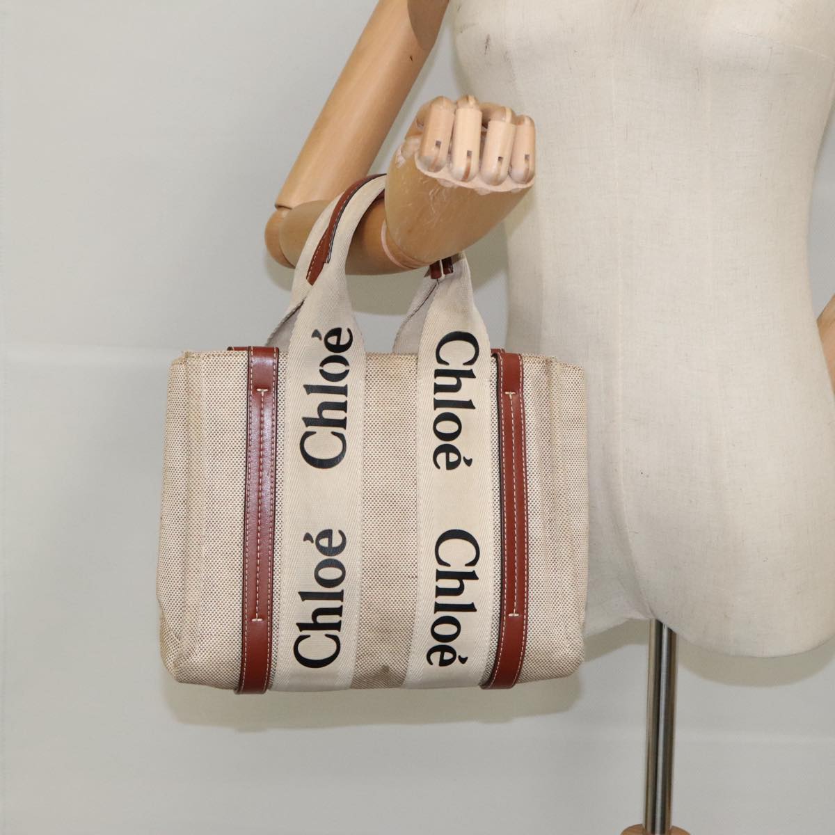 Chloe Woody Small Hand Bag Canvas Beige Auth bs19362