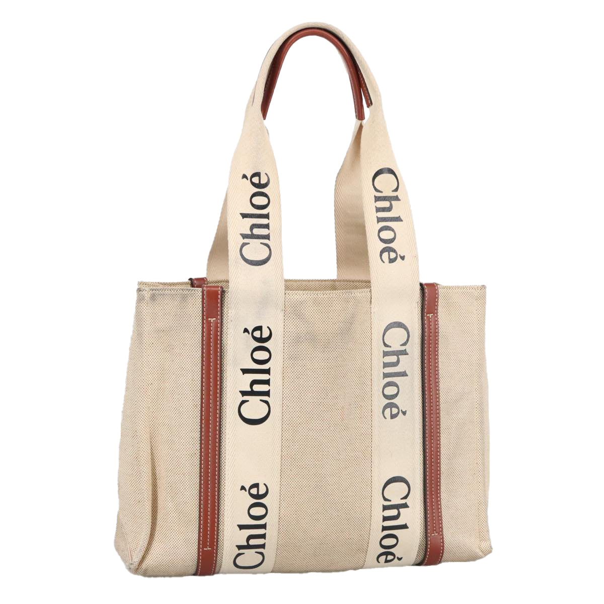 Chloe Woody Medium Tote Bag Canvas Leather Beige Brown Auth bs19363