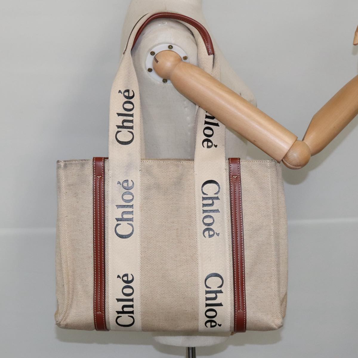 Chloe Woody Medium Tote Bag Canvas Leather Beige Brown Auth bs19363