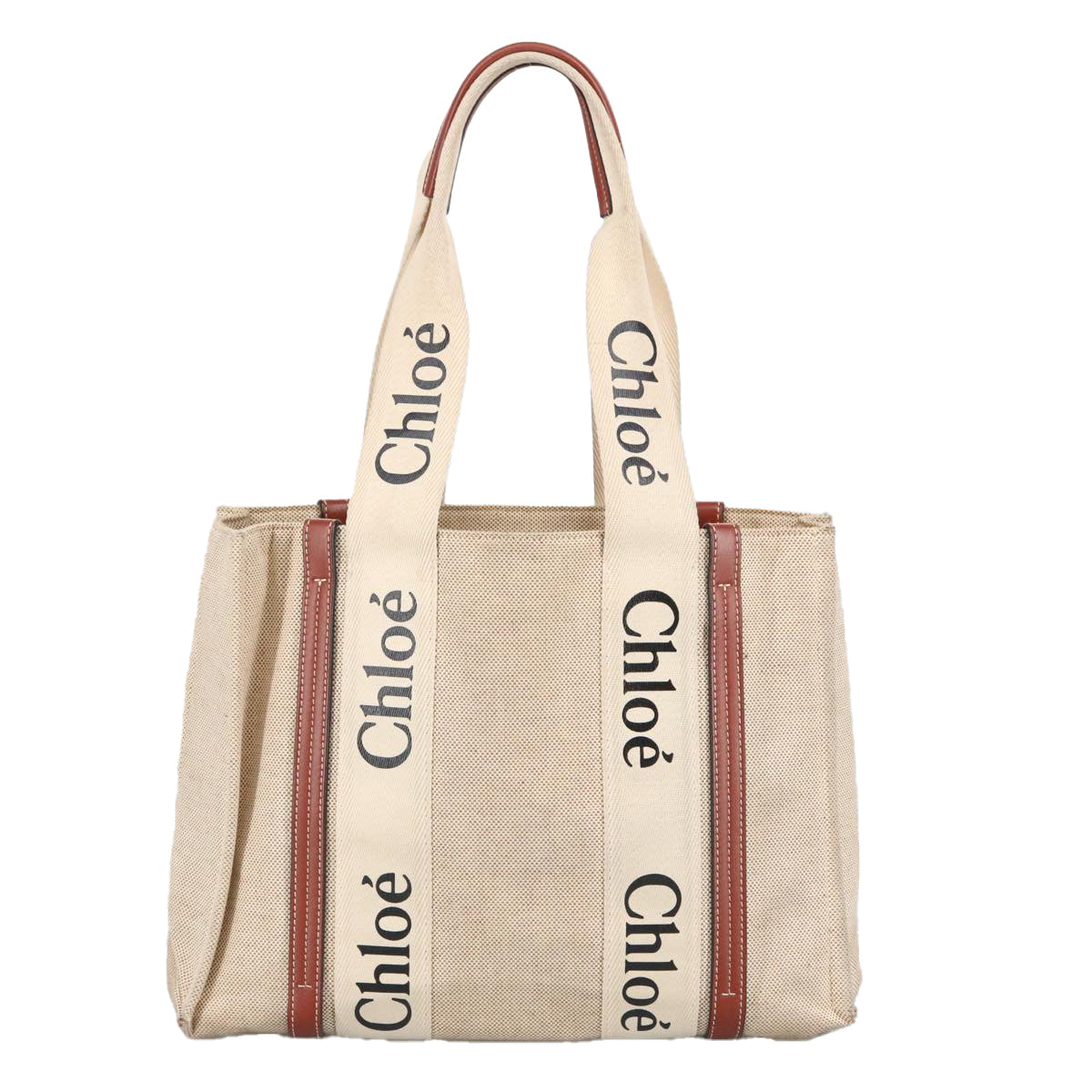 Chloe Woody Medium Tote Bag Canvas Leather Beige Brown Auth bs19363