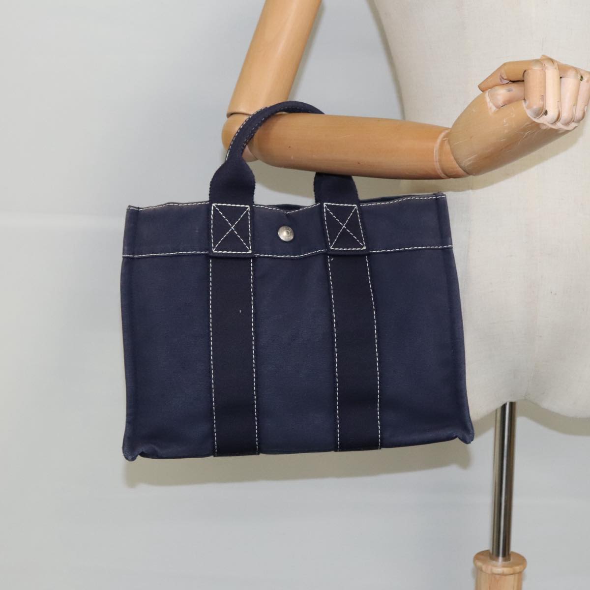 HERMES Deauville PM Hand Bag Canvas Navy Silver Auth bs19367