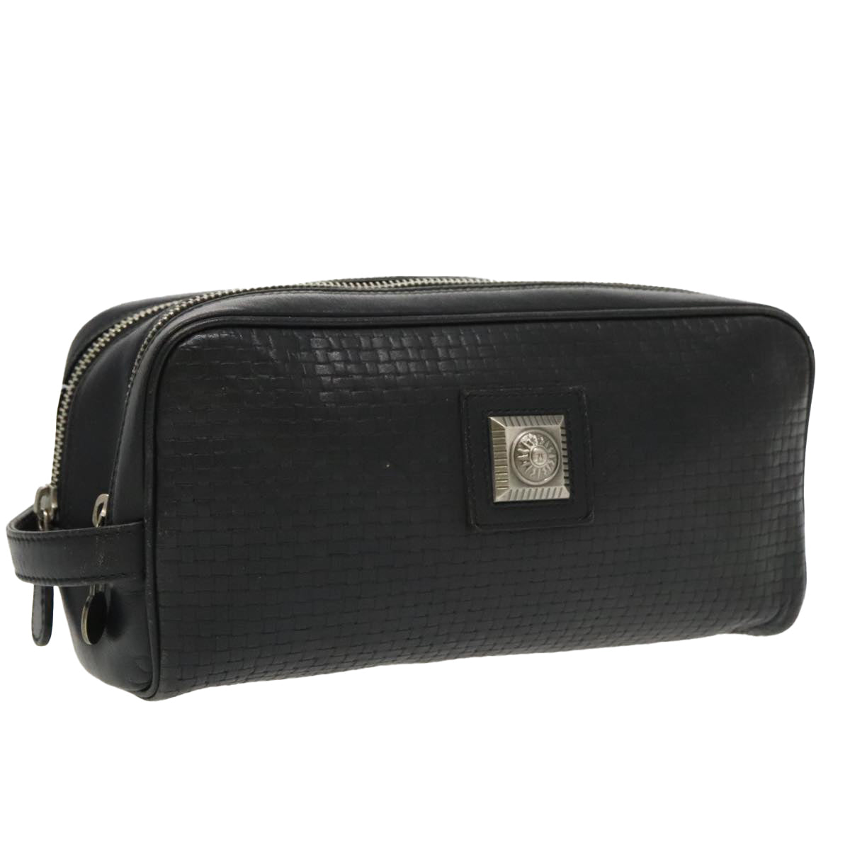 VERSACE Clutch Bag Leather Black Silver Auth bs19378