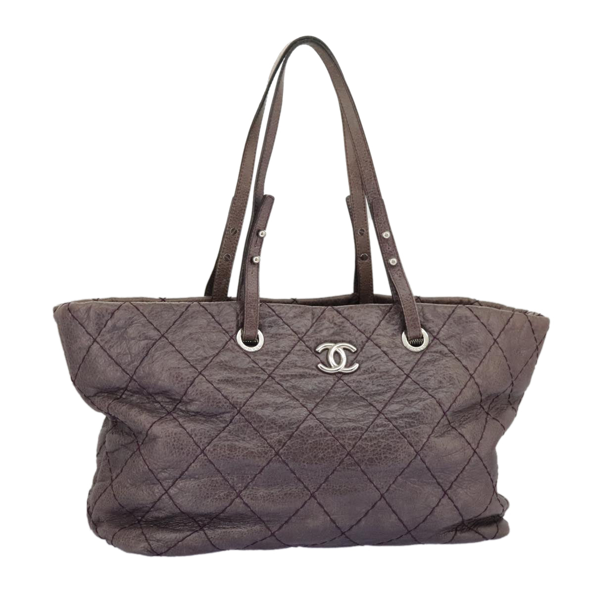 CHANEL Wild Stitch Tote Bag Leather Purple Silver CC Auth bs19398