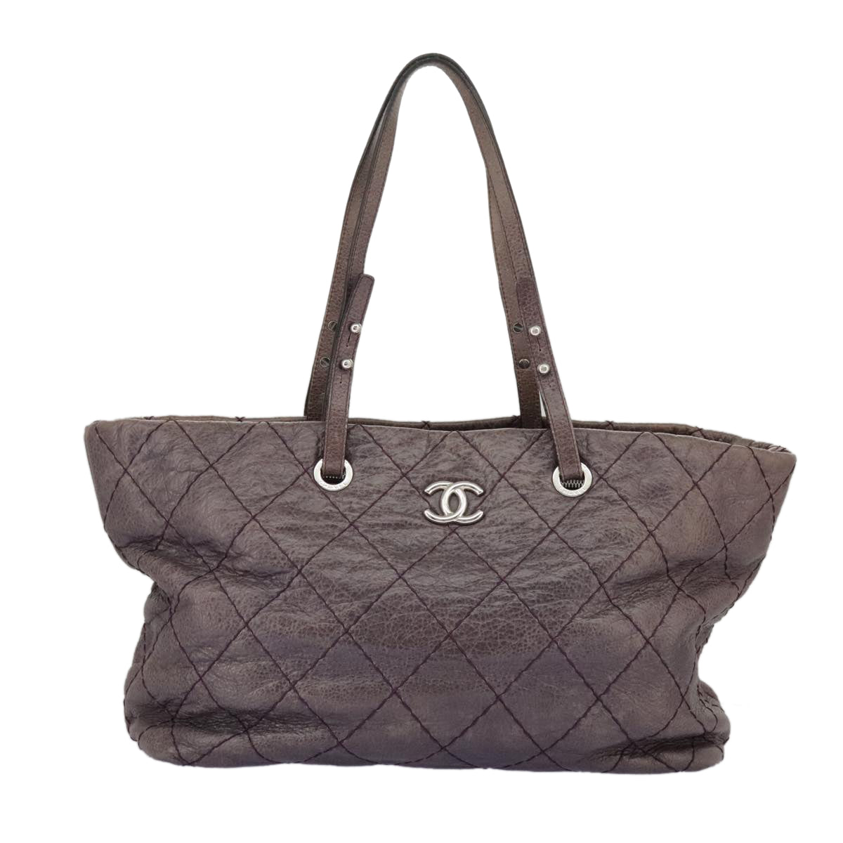 CHANEL Wild Stitch Tote Bag Leather Purple Silver CC Auth bs19398 - 0