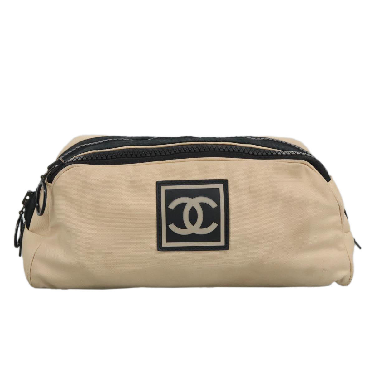 CHANEL Sports Clutch Bag Nylon Beige Black CC Auth bs19399 - 0