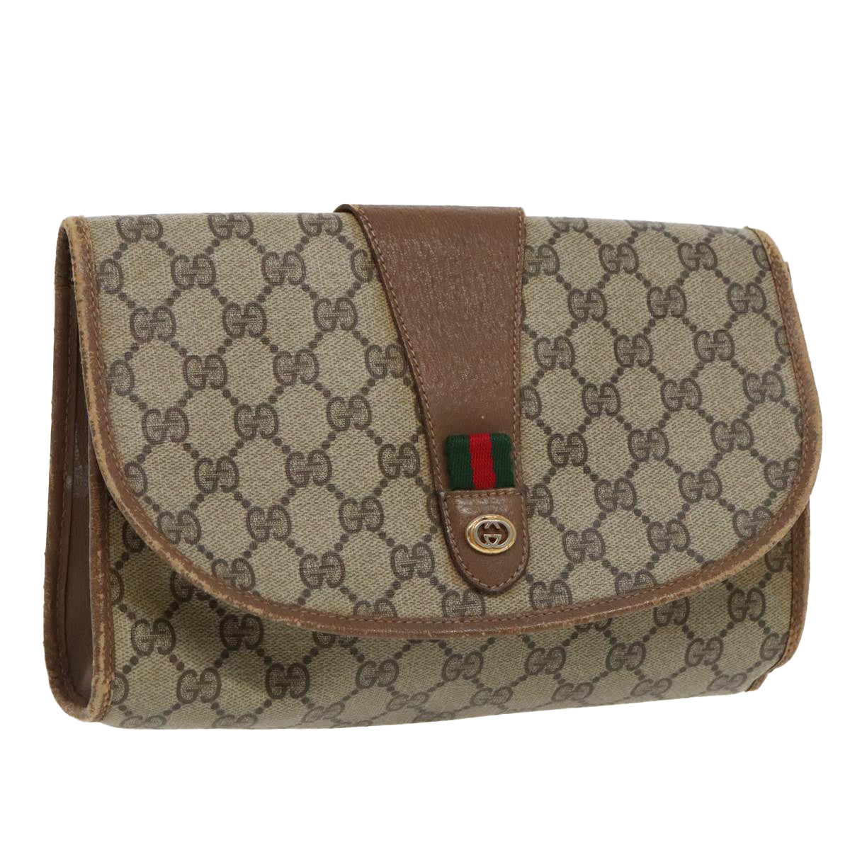 GUCCI GG Supreme Web Sherry Line Clutch Bag PVC Beige Red 89 01 030 Auth bs19404