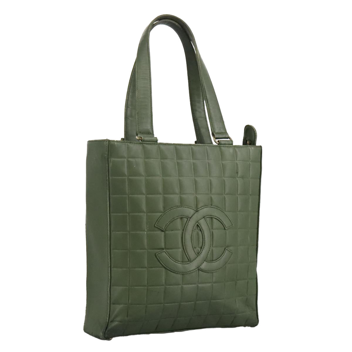 CHANEL Choco Bar Tote Bag Leather Green Gold CC Auth bs19407