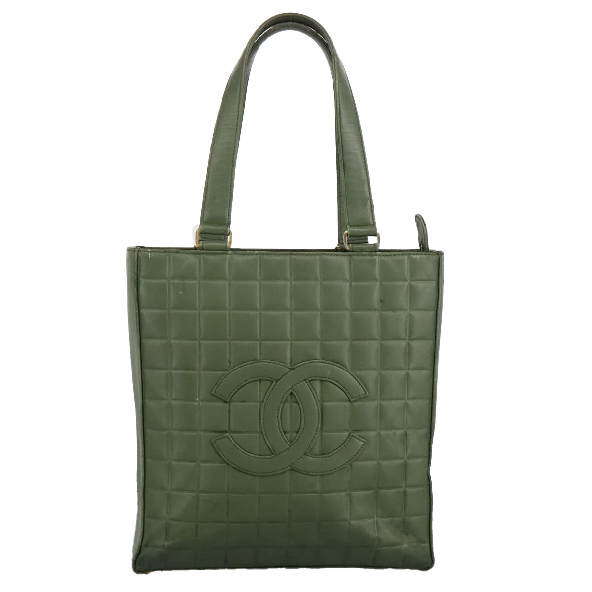 CHANEL Choco Bar Tote Bag Leather Green Gold CC Auth bs19407 - 0