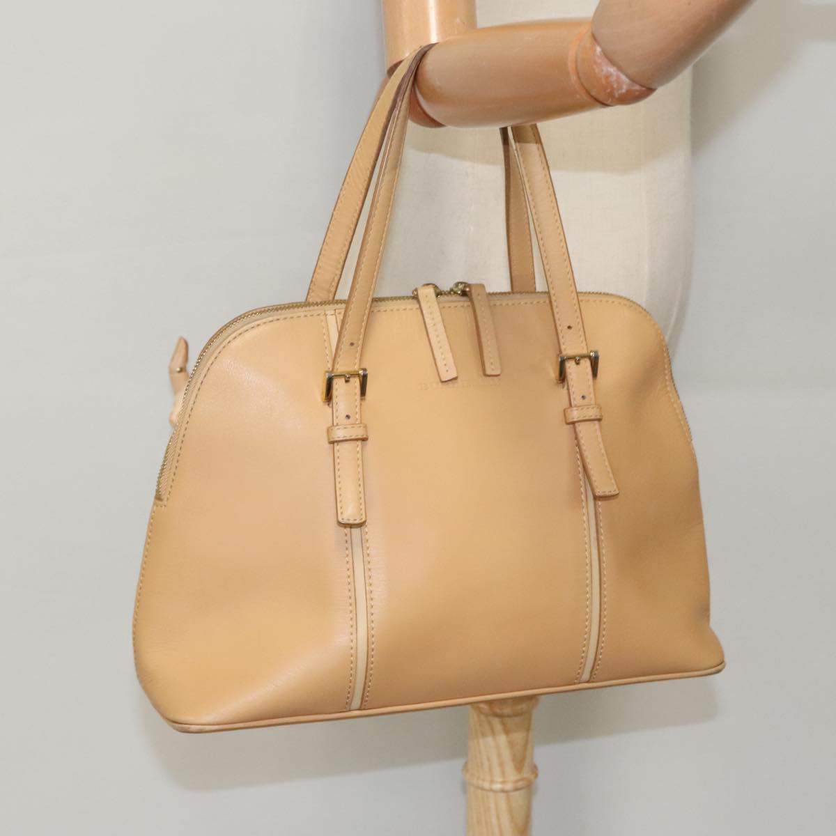 BURBERRY Hand Bag Leather Beige Gold Auth bs19408