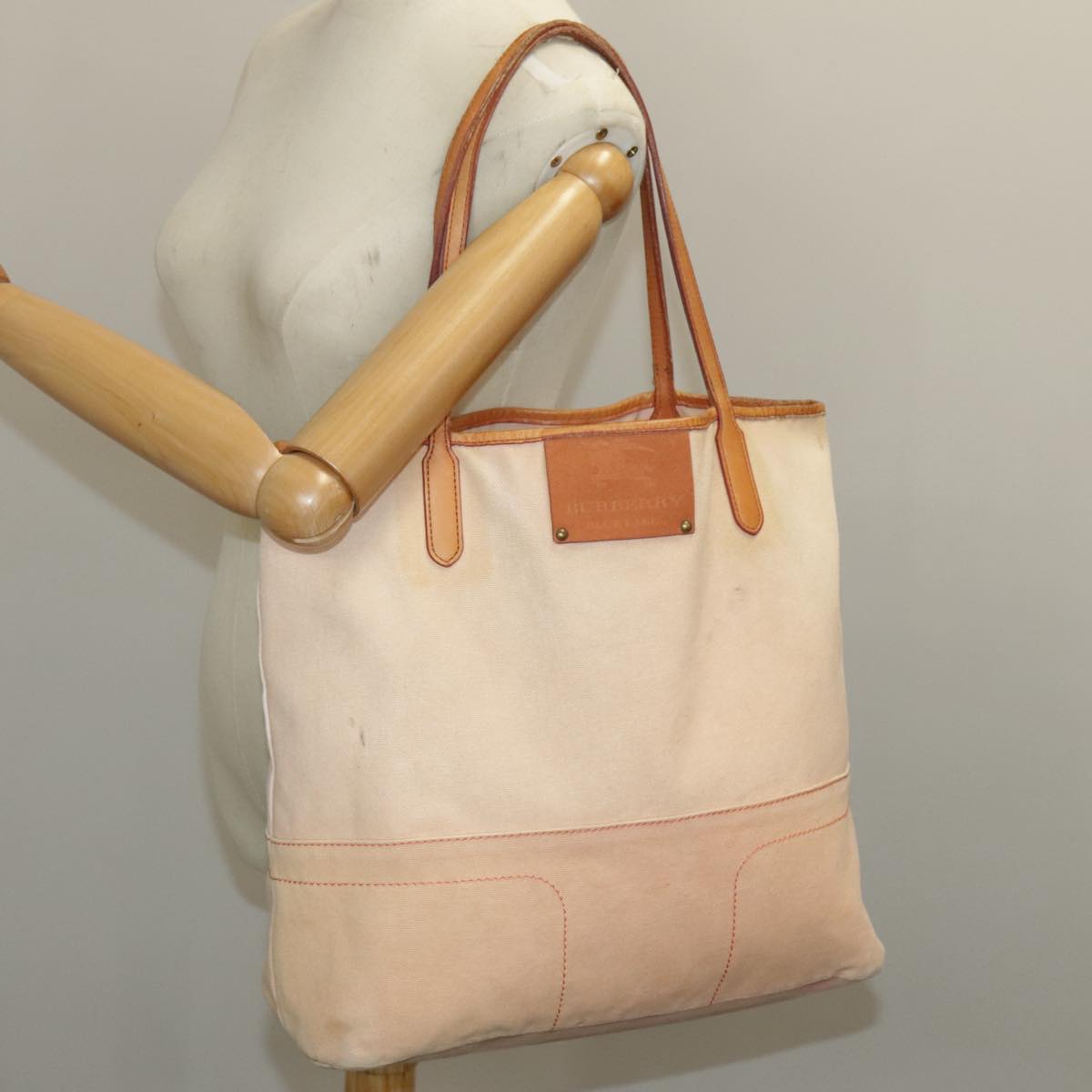 BURBERRY Blue Label Tote Bag Canvas Leather Orange Pink Brown Gold Auth bs19409