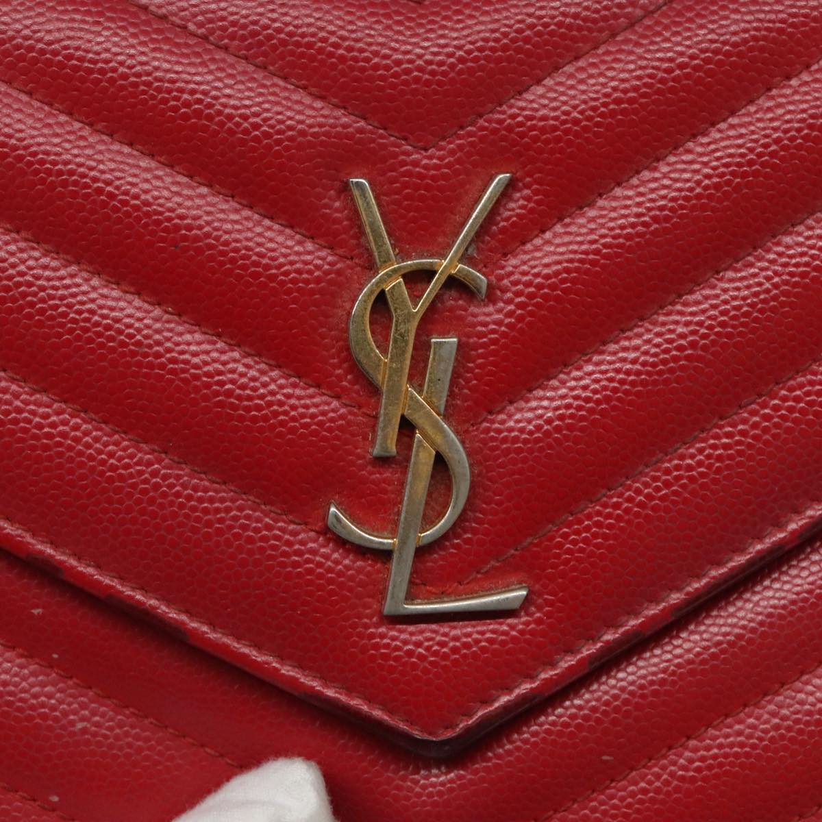 SAINT LAURENT V Stitch Shoulder Bag Leather Red Gold Auth bs19415