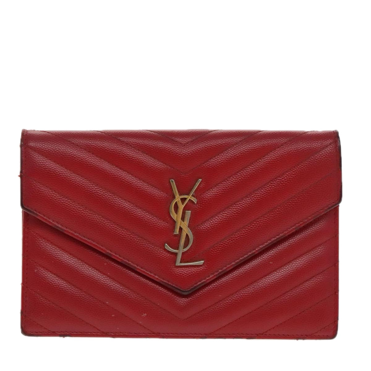 SAINT LAURENT V Stitch Shoulder Bag Leather Red Gold Auth bs19415