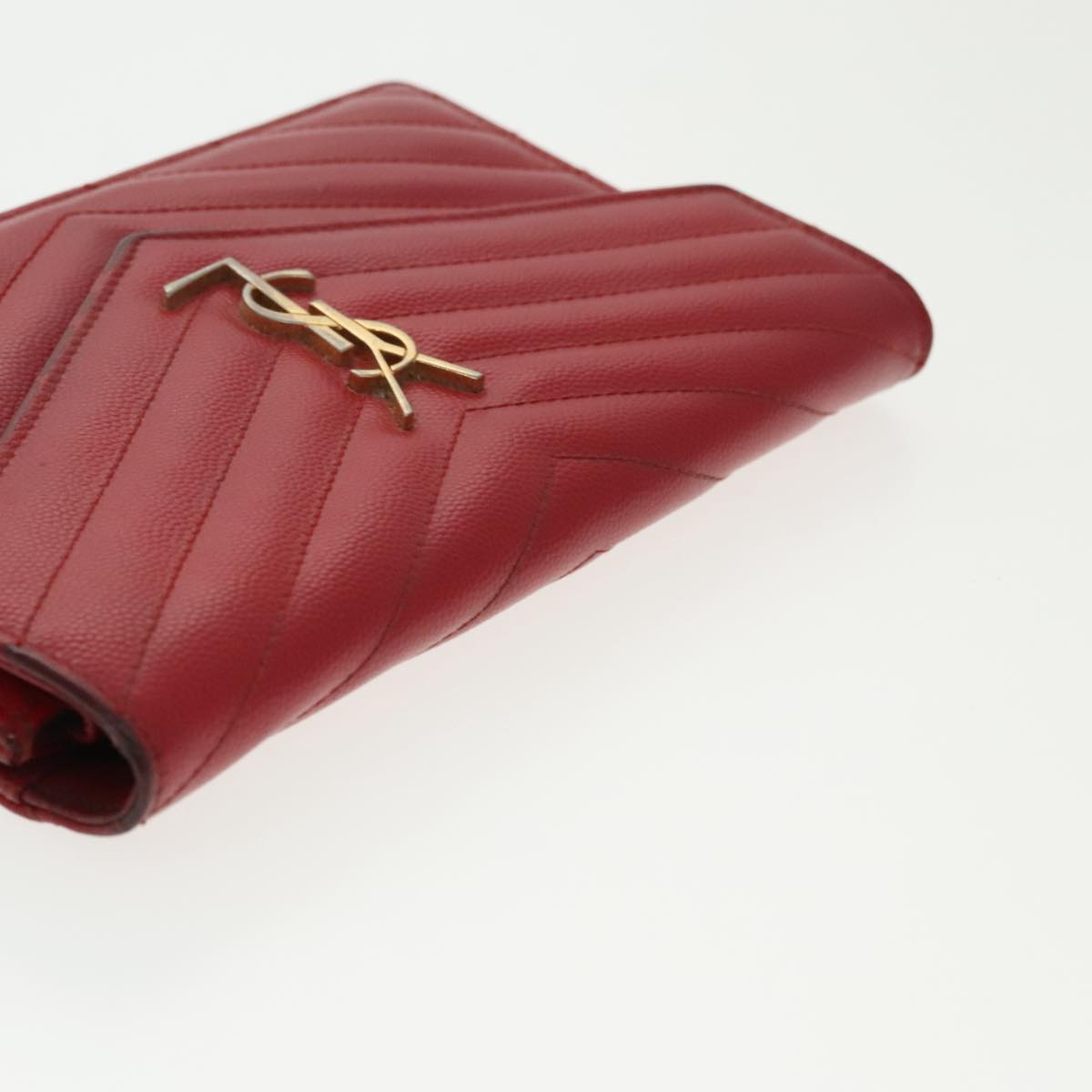 SAINT LAURENT V Stitch Shoulder Bag Leather Red Gold Auth bs19415