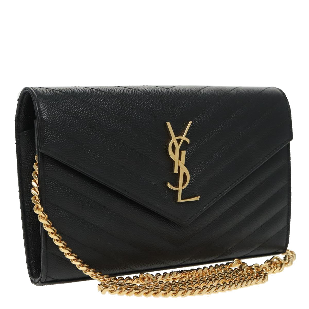 SAINT LAURENT V Stitch Chain Long Wallet Leather Black Gold Auth bs19416A