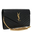 SAINT LAURENT V Stitch Chain Long Wallet Leather Black Gold Auth bs19416A-1