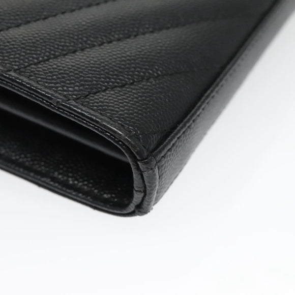 SAINT LAURENT V Stitch Chain Long Wallet Leather Black Gold Auth bs19416A