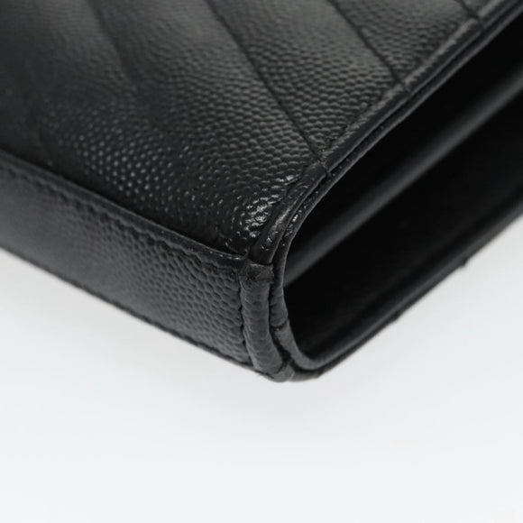 SAINT LAURENT V Stitch Chain Long Wallet Leather Black Gold Auth bs19416A