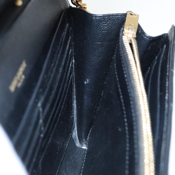 SAINT LAURENT V Stitch Chain Long Wallet Leather Black Gold Auth bs19416A