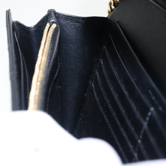 SAINT LAURENT V Stitch Chain Long Wallet Leather Black Gold Auth bs19416A