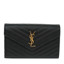 SAINT LAURENT V Stitch Chain Long Wallet Leather Black Gold Auth bs19416A-13
